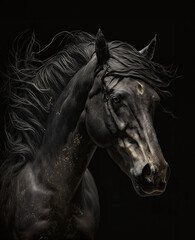 Obraz na płótnie Canvas Generated photorealistic portrait of a black thoroughbred horse with flowing mane