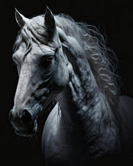 Generated photorealistic image of a white gloomy horse on a black background