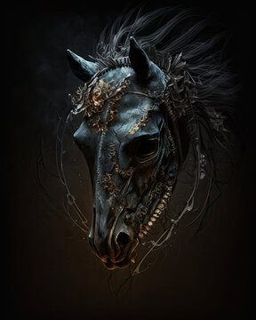 Generated photorealistic image of a black horse skull with decorations