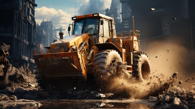 Wheel loader Excavator, A bulldozer or loader moves the earth at the construction site.