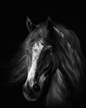 Generated photorealistic image of a horse with a developing mane in black and white format