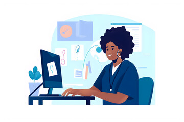Flat vector illustration portrait nurse and receptionist at hospital on a computer working at her desk or table in an office as a black woman medical healthcare professional or worker smile happy and 