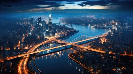 Obraz premium Aerial view of a bustling cityscape at night.