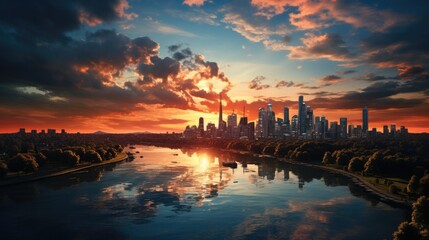 Naklejka premium Urban landscape featuring an array of tall modern buildings near the lake at sunset.