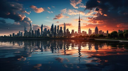 Fototapeta premium Urban landscape featuring an array of tall modern buildings near the lake at sunset.