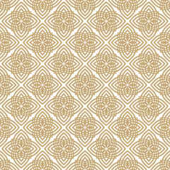 Vector floral ornament. Elegant gold and white seamless pattern. Simple golden geometric ornamental background. Abstract texture with flower silhouettes, petals, curved lines, grid. Luxury geo design