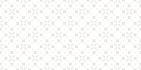 Subtle floral seamless texture. Vintage geometric pattern with small flowers, petals, leaves, rhombuses, grid. Simple minimalist vector abstract background in white and gray color. Repeat geo design