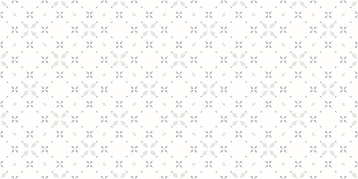 Subtle floral seamless texture. Vintage geometric pattern with small flowers, petals, leaves, rhombuses, grid. Simple minimalist vector abstract background in white and gray color. Repeat geo design