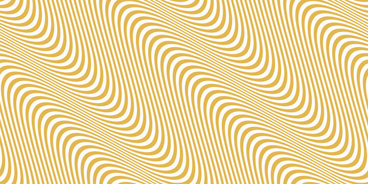Diagonal curved wavy lines background. Vector seamless pattern with gold waves, stripes. Dynamical 3D effect, illusion of movement, optical art. Modern abstract minimal texture. Stylish repeat design