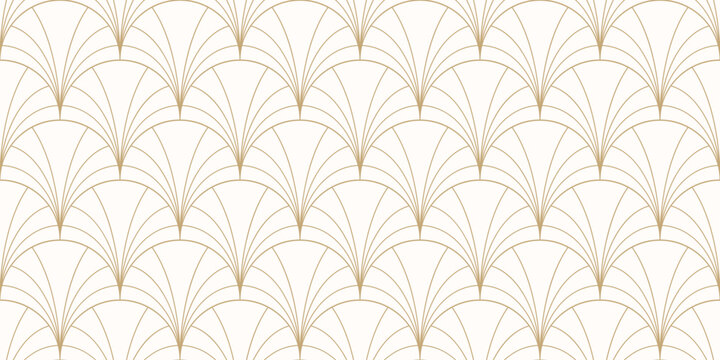 Luxury art deco seamless pattern. Golden vector geometric linear texture with curved lines, fish scale ornament, peacock pattern, grid. Elegant gold and white abstract background. Repeat geo design