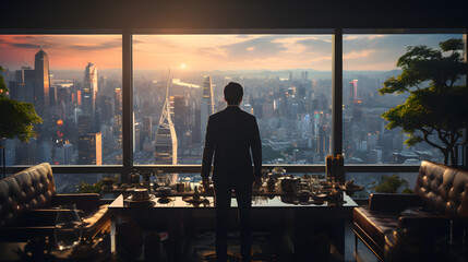 Against backdrop of majestic window, businessman stands, silhouette outlined by cinematic daylight, peers down at city below, captivated by energy, possibilities., AI Generated, Generative AI