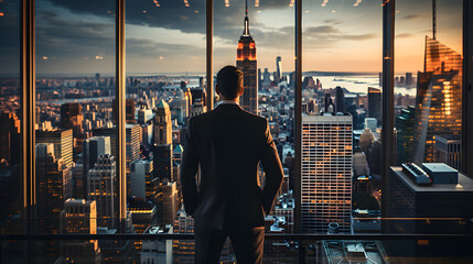 Against backdrop of majestic window, businessman stands, silhouette outlined by cinematic daylight, peers down at city below, captivated by energy, possibilities., AI Generated, Generative AI