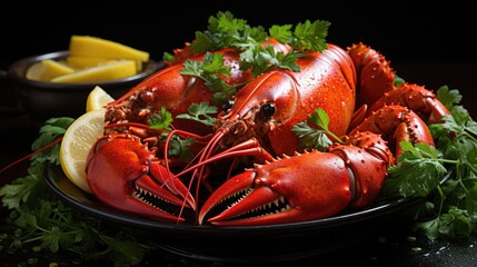 Boiled whole lobster, Boiled crayfish with parsley, lemon,  On a black background.