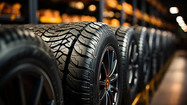 Transportation Tire rubber products , Group of new tires for sale at a tire store.