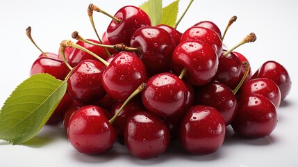 Sweet cherry fruits with stems and leaf, Cherries isolated on white background.