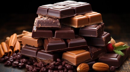 Various assortment of chocolate with paste, Chocolate background. - obrazy, fototapety, plakaty