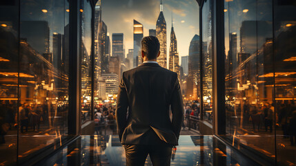 Standing tall against panoramic view, businessman is seen from behind, his attention fixed on vibrant cityscape below. cinematic daylight fills room., AI Generated, Generative AI