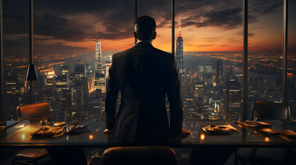 Standing tall against panoramic view, businessman is seen from behind, his attention fixed on vibrant cityscape below. cinematic daylight fills room., AI Generated, Generative AI