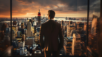 Standing tall against panoramic view, businessman is seen from behind, his attention fixed on vibrant cityscape below. cinematic daylight fills room., AI Generated, Generative AI