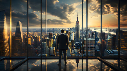 Standing tall against panoramic view, businessman is seen from behind, his attention fixed on vibrant cityscape below. cinematic daylight fills room., AI Generated, Generative AI