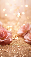 pink roses and golden glitter bokeh background