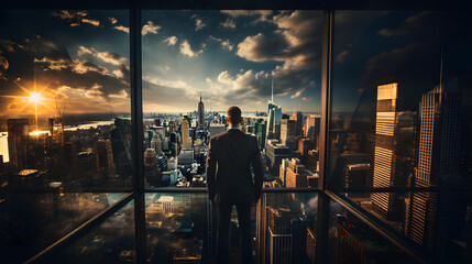 Standing tall against panoramic view, businessman is seen from behind, his attention fixed on vibrant cityscape below. cinematic daylight fills room., AI Generated, Generative AI
