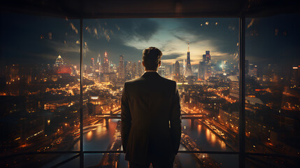 Standing tall against panoramic view, businessman is seen from behind, his attention fixed on vibrant cityscape below. cinematic daylight fills room., AI Generated, Generative AI