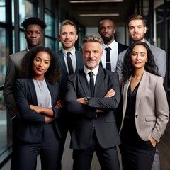multiracial team of successful business people working together in office and posing and looking at camera, generative AI