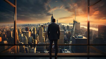 Standing tall against panoramic view, businessman is seen from behind, his attention fixed on vibrant cityscape below. cinematic daylight fills room., AI Generated, Generative AI