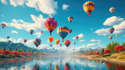 Obraz premium Colorful hot air balloons flying in the blue sky at the festival.