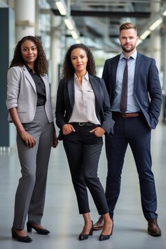 multiracial team of successful business people working together in office and posing and looking at camera, generative AI