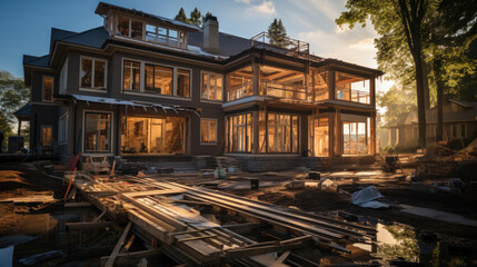 Interior frame of new house, Construction of a new home, House under construction.