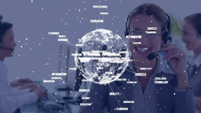 Animation of globe with network of connections over diverse business people in office