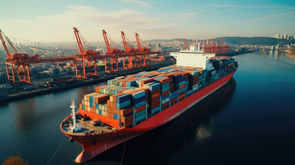 Container cargo ship leaving port. International logistics and transportation import and export.