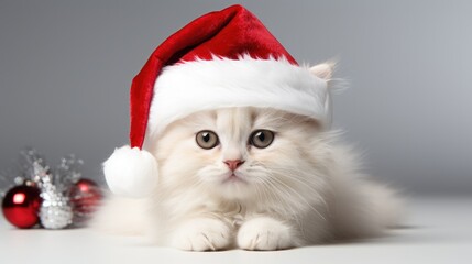 Cute white cat sitting in a red Santa hat, Cat with Santa hat waiting for Christmas while sitting on a light background, Happy New Year.