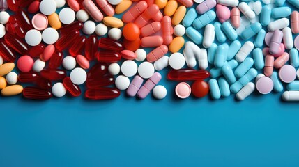 Different pills on blue background, Pharmaceutical pills and vitamins, Health budget concept.