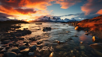 Breathtaking dawn with river and mountains.