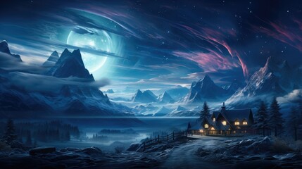 Fantastic winter landscape with wooden house in snowy mountains and northern light in night sky.
