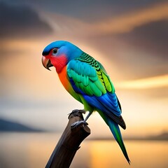 lovebird , realistic picture ,colorfull, blue sky , sunset in backround 
