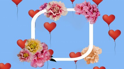 Animation of white frame with flowers over red heart balloons on blue background - Powered by Adobe