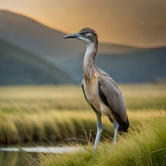 A magnificent Greater Rhea bird standing tall on the grassy terrain. It is a large and impressive flightless bird with a striking appearance. Its feathers are predominantly grayish-brown, 