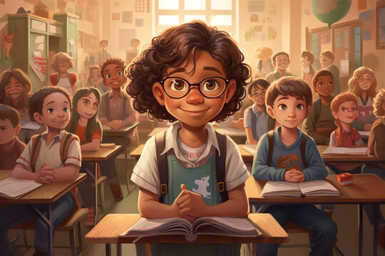 Portrait of cute cartoon girl with curly hair and glasses in classroom at elementary school, back to school illustration