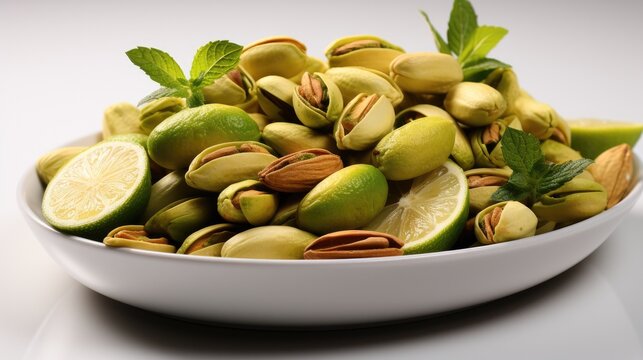 Salted pistachios, Fried salted pistachios in shell on white isolated background, delicious snack.