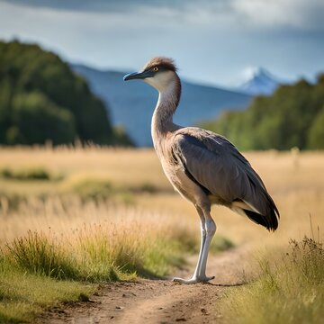 A magnificent Greater Rhea bird standing tall on the grassy terrain. It is a large and impressive flightless bird with a striking appearance. Its feathers are predominantly grayish-brown, 