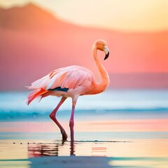 The elegant and graceful flamingo bird, standing tall on one leg in the shallow water, The flamingo's long, slender neck , it extends its wings, showcasing their magnificent span and a contrasting d