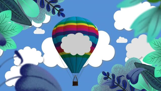 Animation of balloon flying over sky with clouds and leaves
