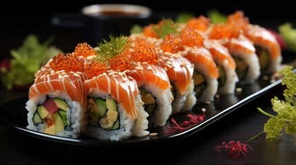 Japanese Sushi roll with salmon and cucumber on dark background, Asian dish pieces with salmon.