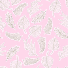 Fototapeta na wymiar Seamless pattern with exotic leaves, tropical plants, floral background, Hand-drawn illustration