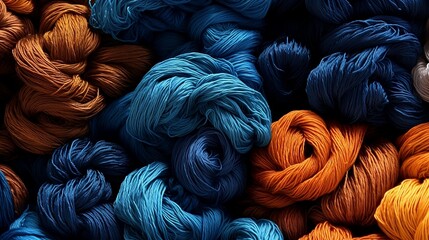 Various bright colorful yarns are lying on top of each other, in the style of orange and indigo, generative AI