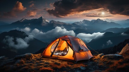 Orange tourist tent illuminated from the inside stands in the mountains above the clouds.
